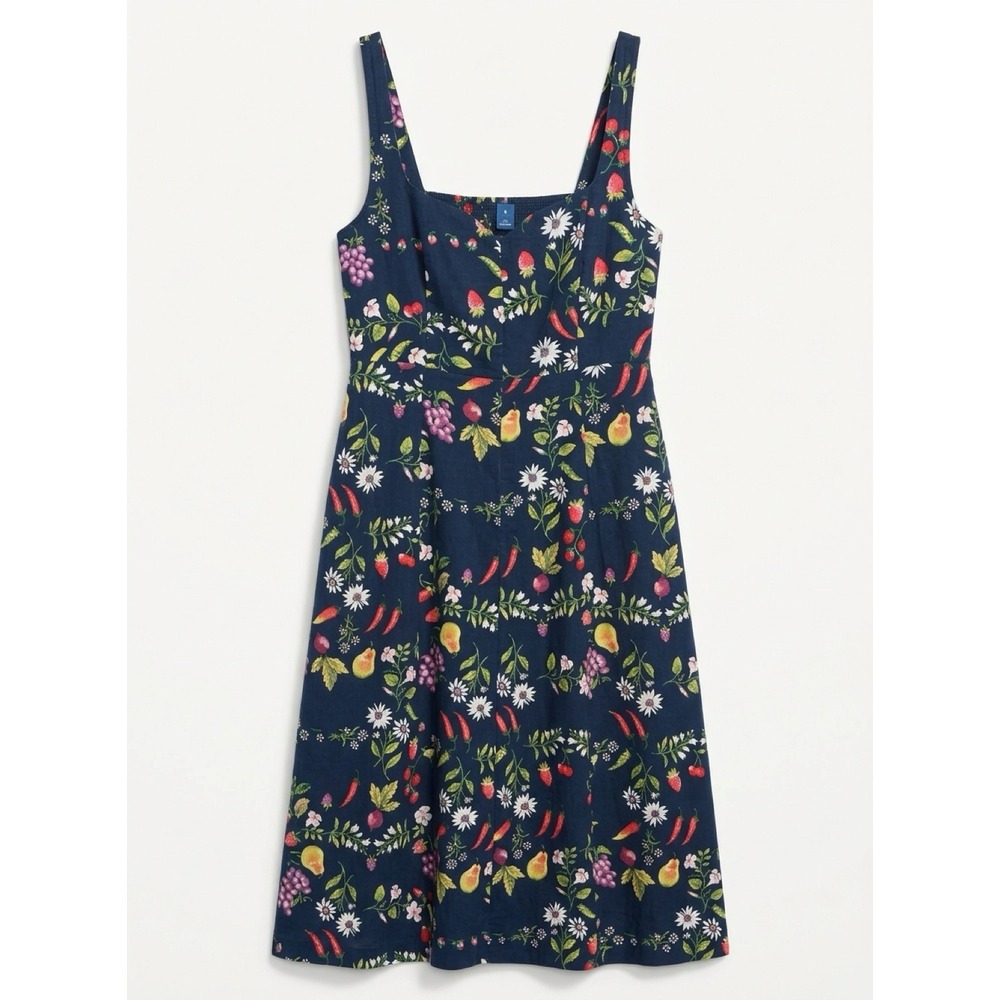 Old Navy Navy Blue Fruit Floral Linen Blend Smocked Midi Dress with Pockets S